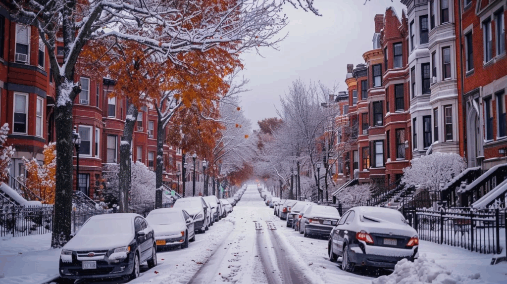 Snow-covered Boston street with historic brownstone buildings and parked cars, illustrating winter conditions and emphasizing the importance of winterizing rental properties for landlords.

