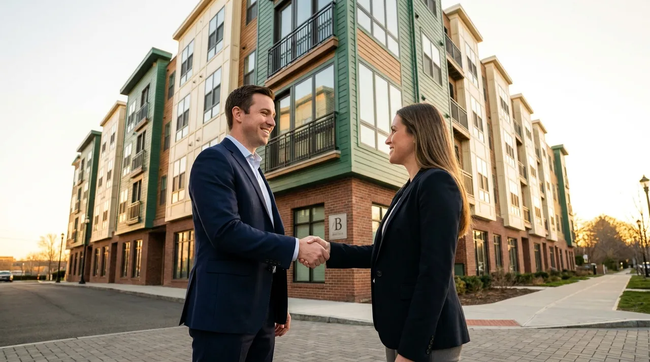 Investor and broker reviewing an off-market multifamily deal in front of a Boston triple-decker