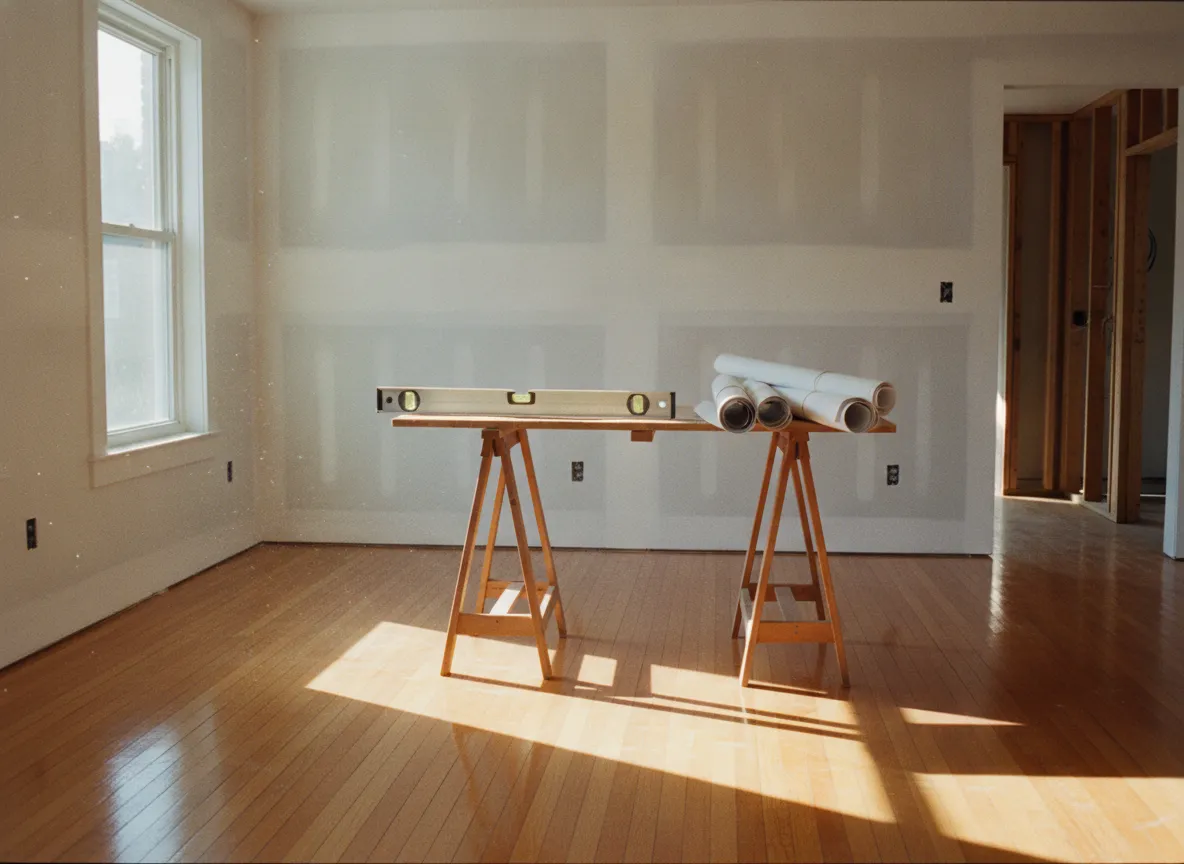 Boston triple-decker apartment mid-renovation, refinished floors and fresh drywall