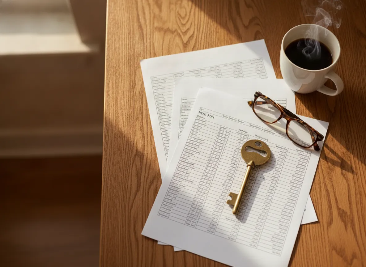 Underwriting desk with rent roll, budget spreadsheets and an apartment key